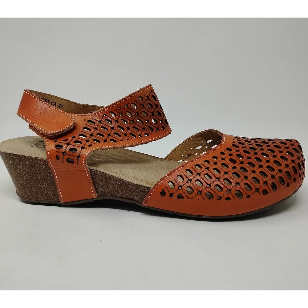 L'Artiste Leather Sandal Size 42 Boho Artisan Wedge Geometric Cutout Slip-On